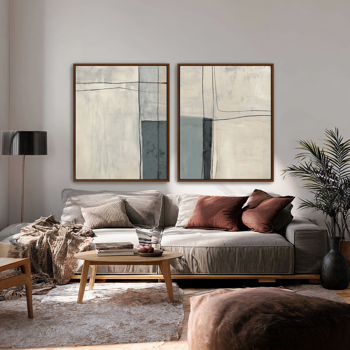 Neutral Abstract Canvas Wall Art Set of 2 Framed Canvas – Quiet Intersection