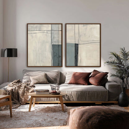 Neutral Abstract Canvas Wall Art Set of 2 Framed Canvas – Quiet Intersection