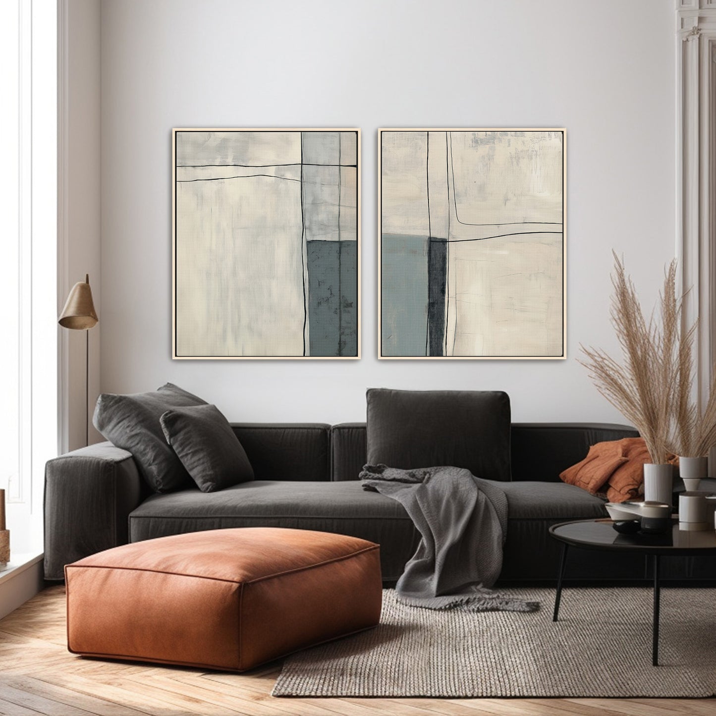 Neutral Abstract Canvas Wall Art Set of 2 Framed Canvas – Quiet Intersection