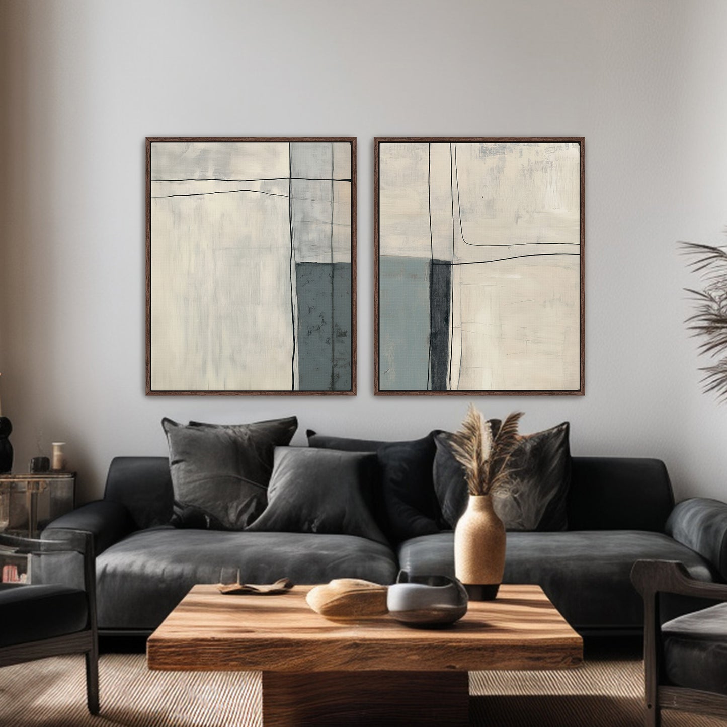 Neutral Abstract Canvas Wall Art Set of 2 Framed Canvas – Quiet Intersection