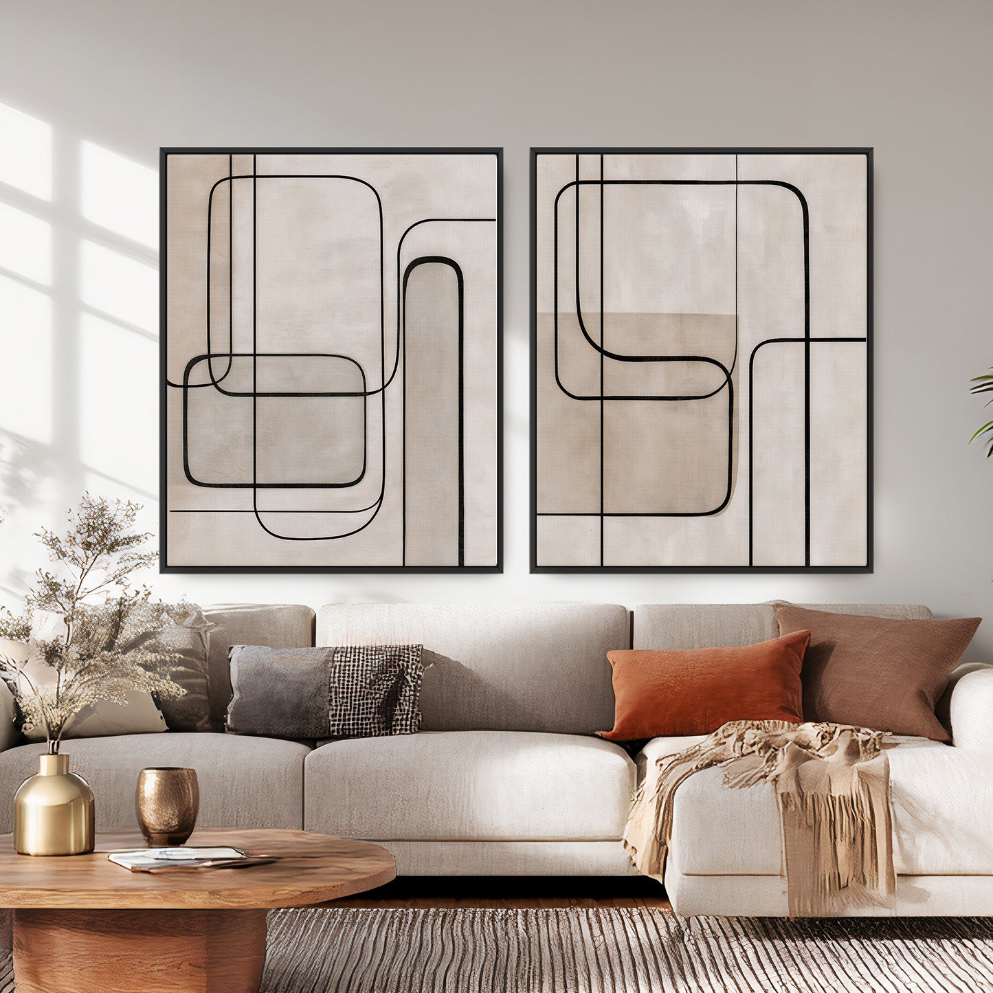Abstract Framed Canvas Wall Art Set of 2 – Continuous Line