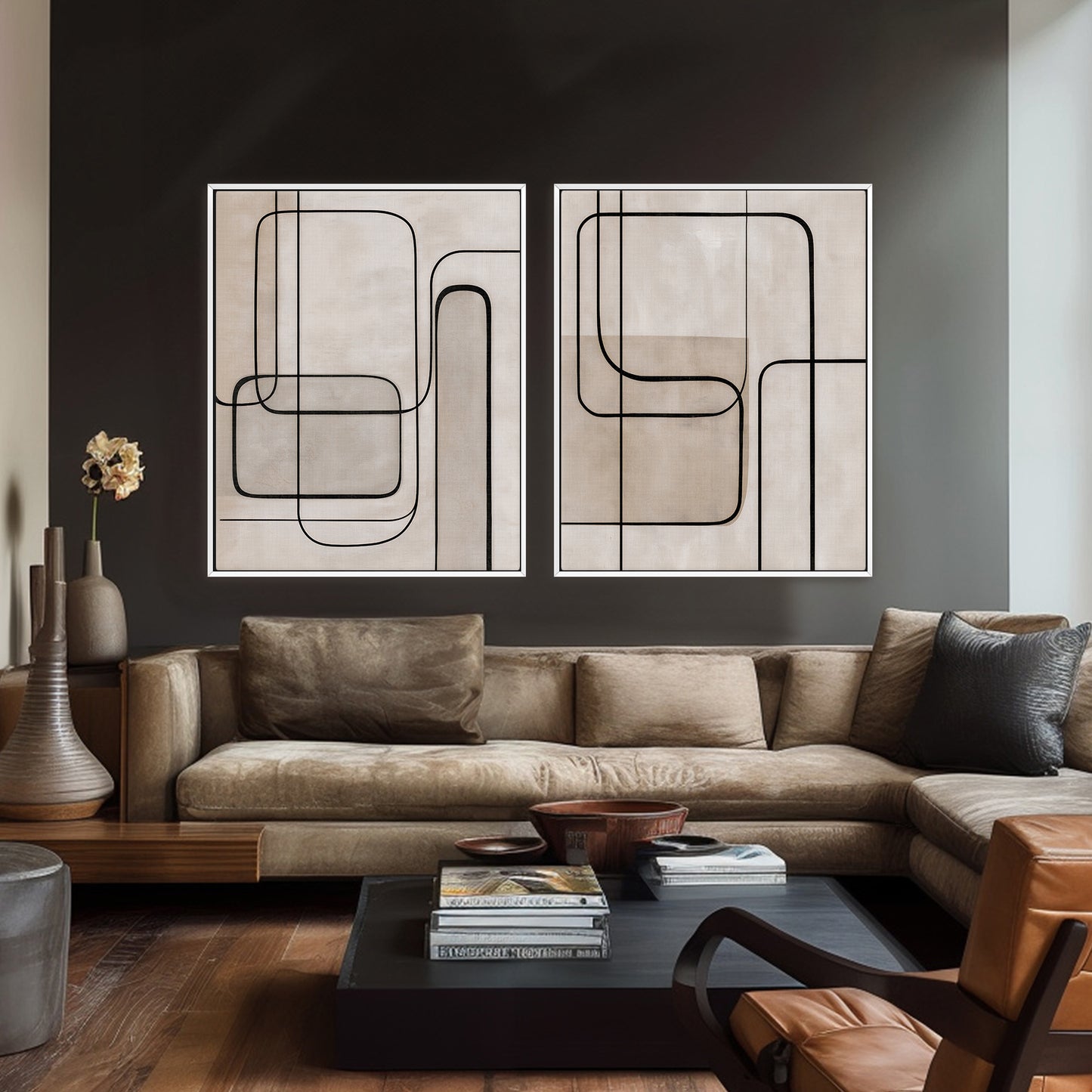 Abstract Framed Canvas Wall Art Set of 2 – Continuous Line