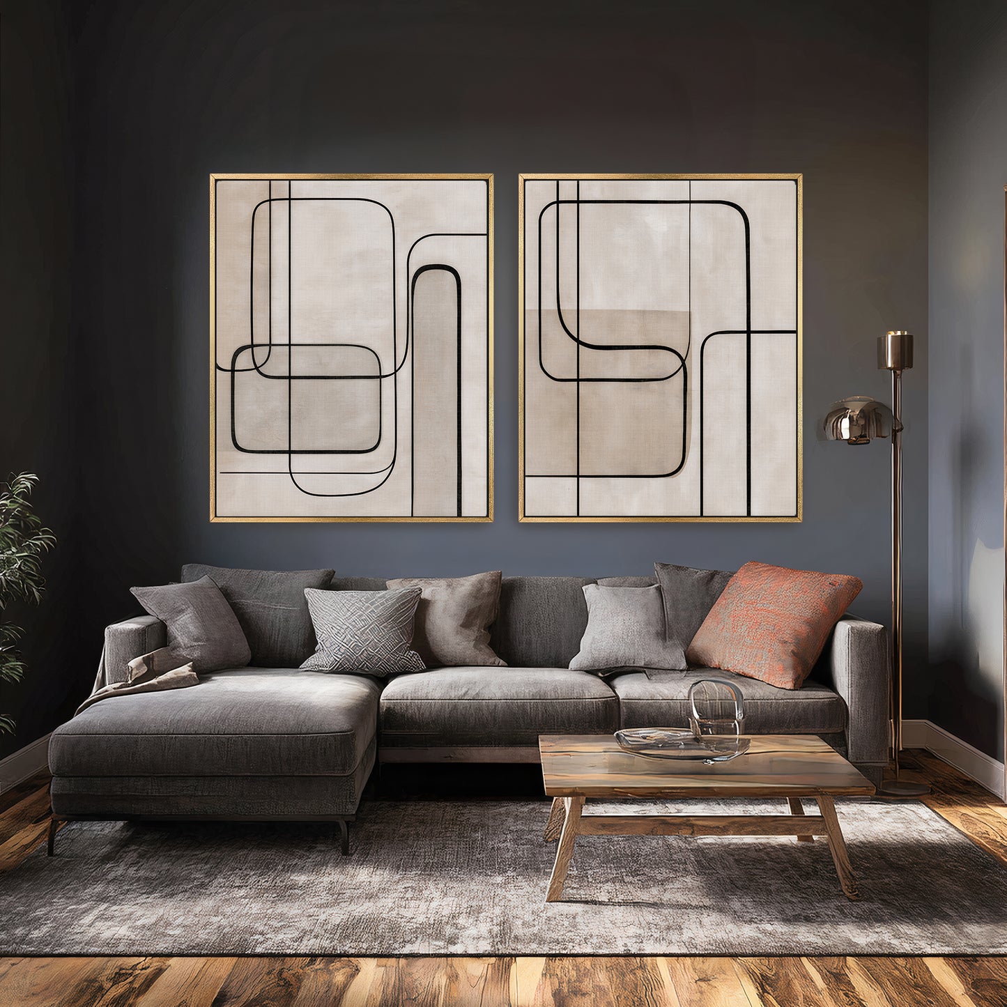 Abstract Framed Canvas Wall Art Set of 2 – Continuous Line