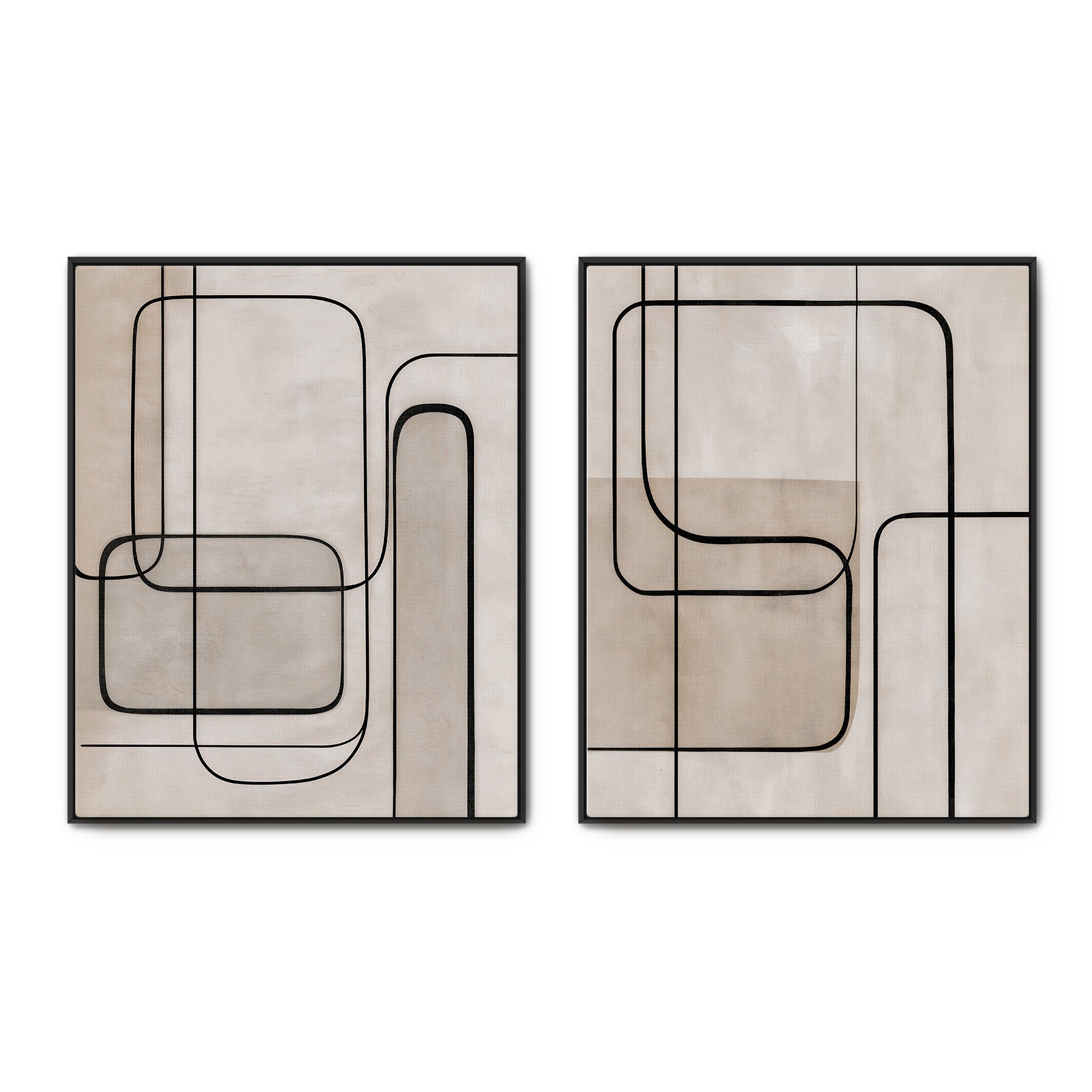 Abstract 2-piece framed canvas wall art set with bold black continuous line work on a warm linen and greige textured ground — geometric minimalist diptych in floating frames