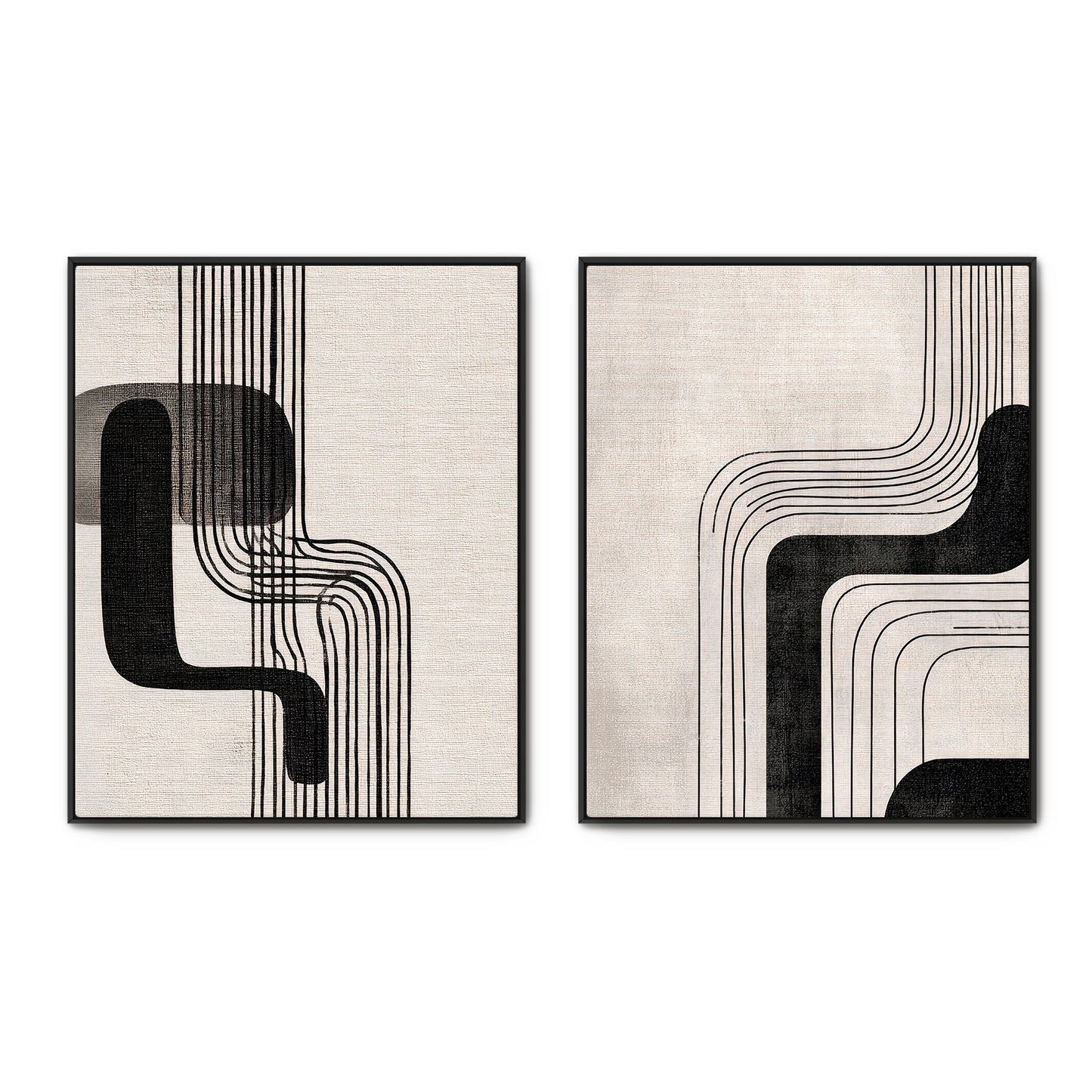 Abstract 2-piece framed canvas wall art set with bold black geometric arcs and cascading parallel lines on a cream linen ground — minimalist Bauhaus diptych in black floating frames