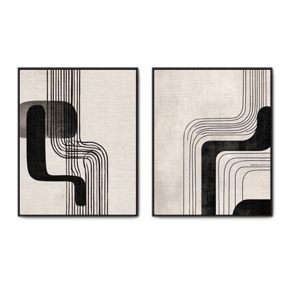 Abstract 2-piece framed canvas wall art set with bold black geometric arcs and cascading parallel lines on a cream linen ground — minimalist Bauhaus diptych in black floating frames