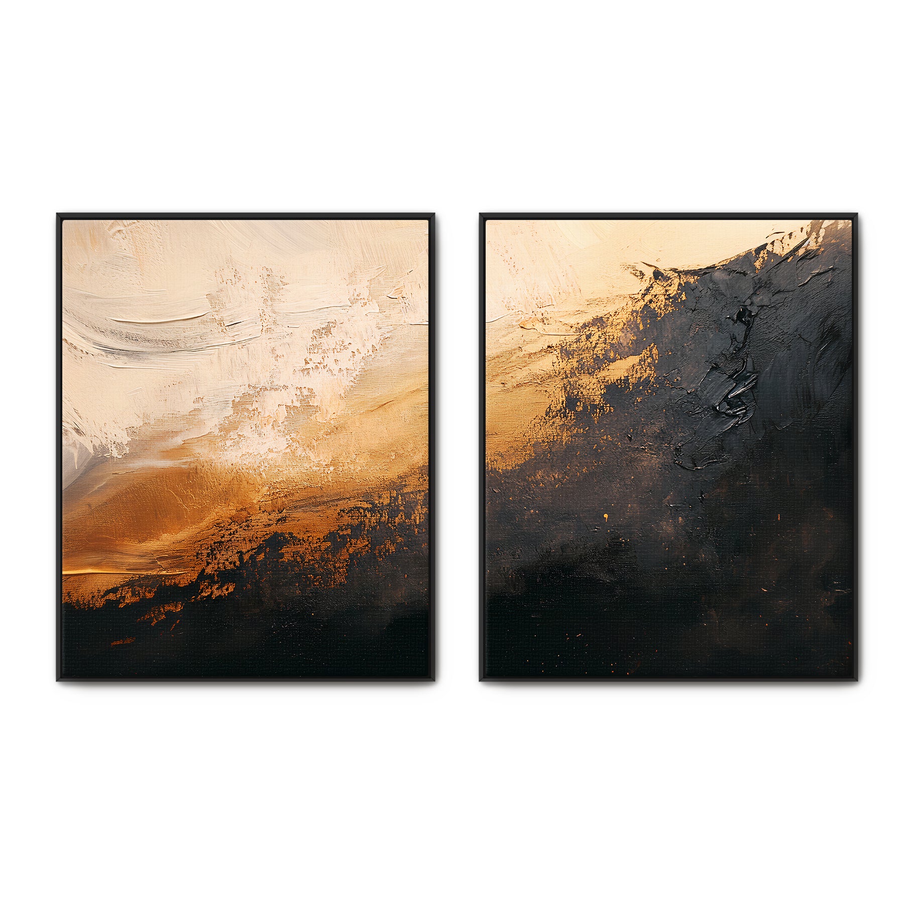 Abstract 2-piece framed canvas wall art set with sweeping cream, amber and gold tones dissolving into deep charcoal — dramatic luxury diptych in floating frames