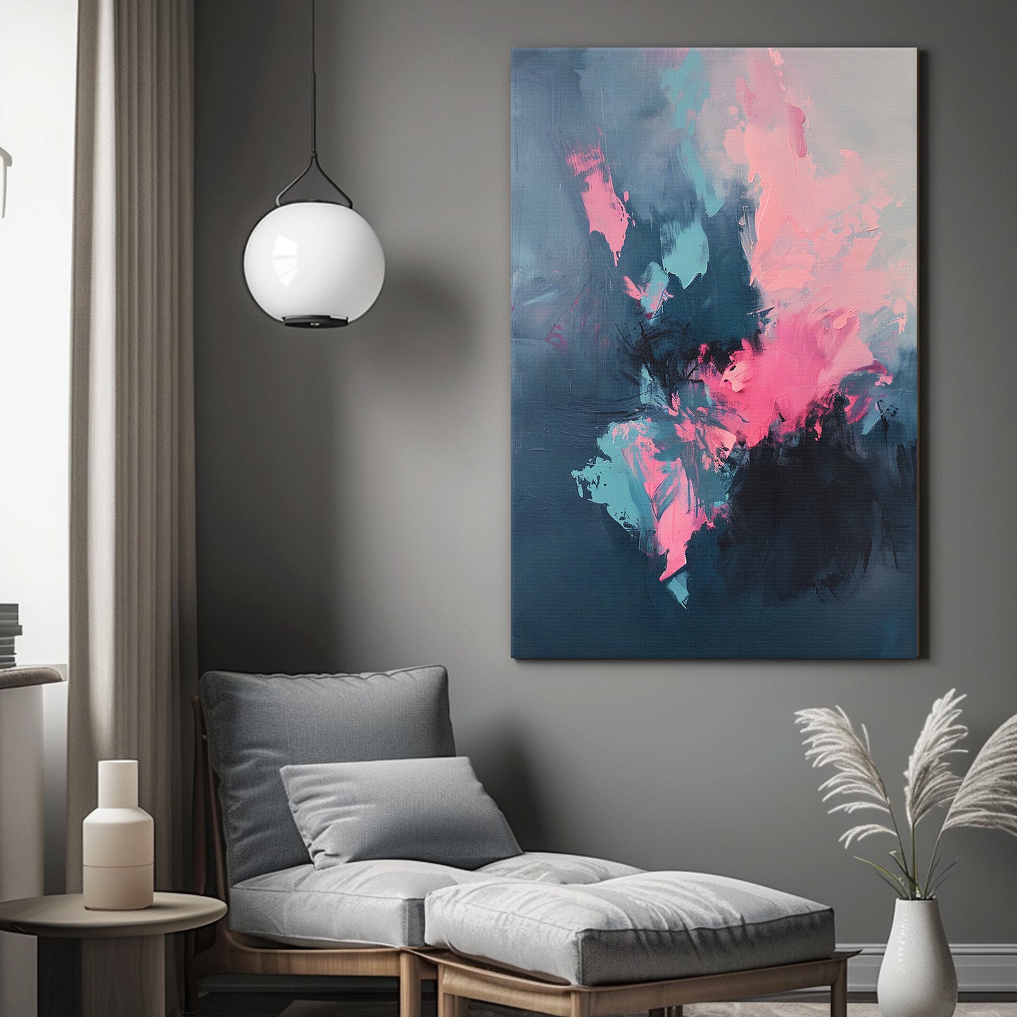 Modern Abstract Rolled Canvas – “Electric Bloom” in Pink and Blue