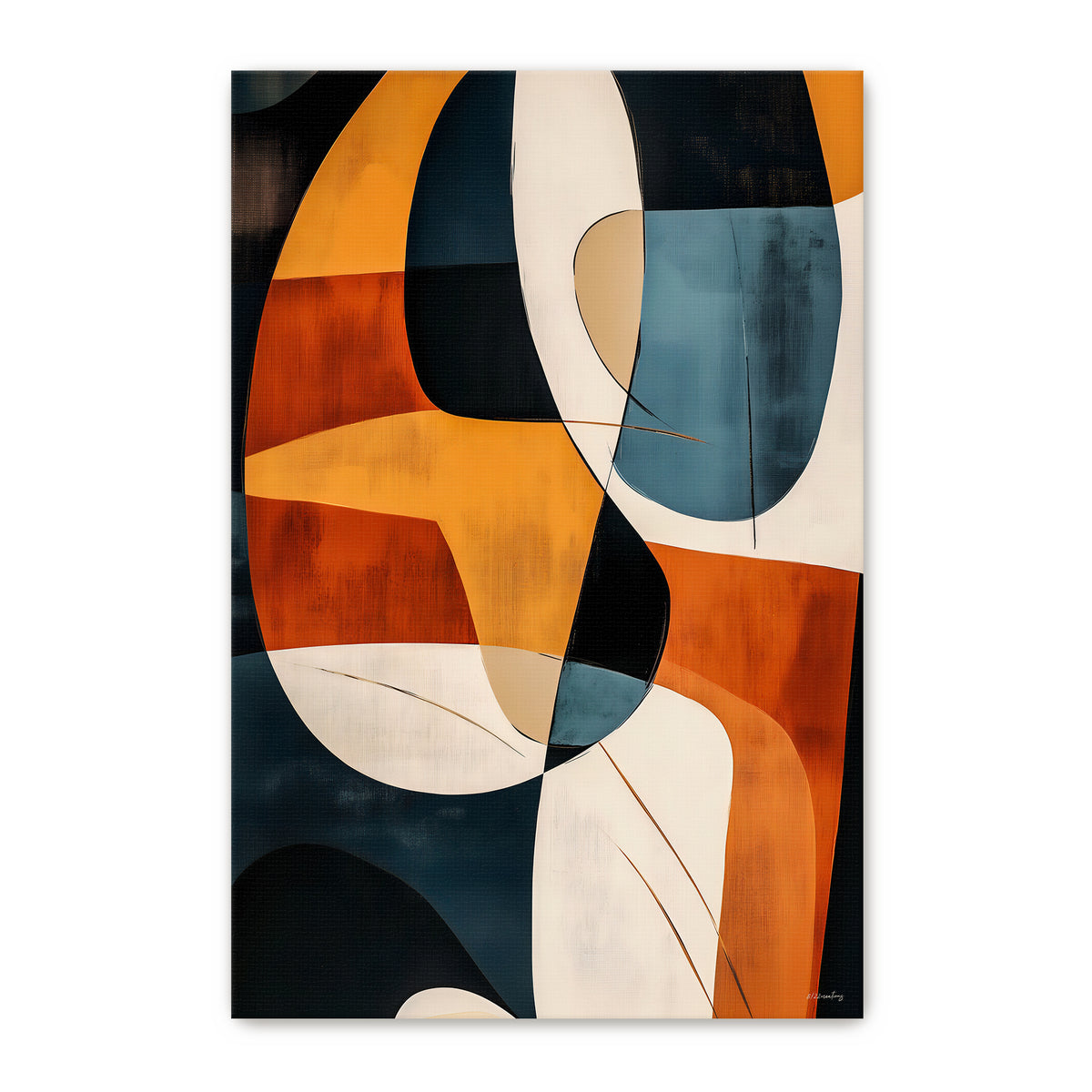 Gallery-wrapped stretched canvas with interlocking organic shapes in burnt orange, navy, cream and slate blue — bold mid-century modern wall art ready to hang