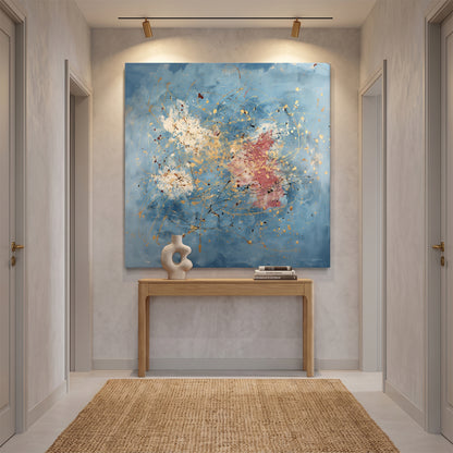 Gallery-wrapped stretched canvas with gold drip splatter and rose accents on a soft cerulean blue ground — expressive artistic wall art ready to hang