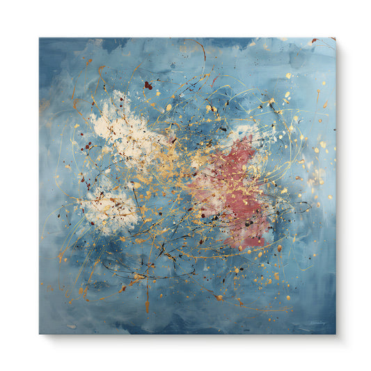 Abstract rolled canvas print with gold drip splatter and rose accents on a soft cerulean blue ground — expressive artistic wall art