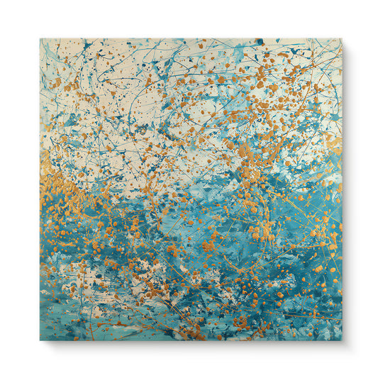 Gallery-wrapped stretched canvas with gold drip splatter transitioning from cream to turquoise and teal — expressive coastal wall art ready to hang
