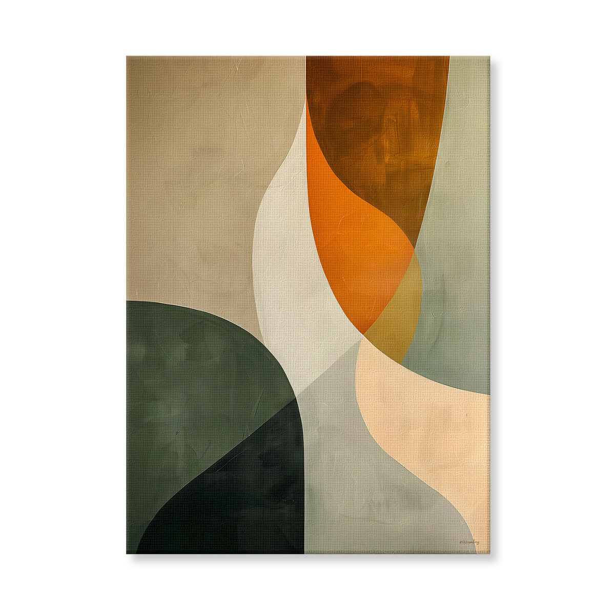 Abstract rolled canvas print with interlocking organic shapes in forest green, terracotta orange and cream — earthy mid-century modern wall art