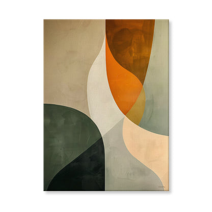 Abstract rolled canvas print with interlocking organic shapes in forest green, terracotta orange and cream — earthy mid-century modern wall art