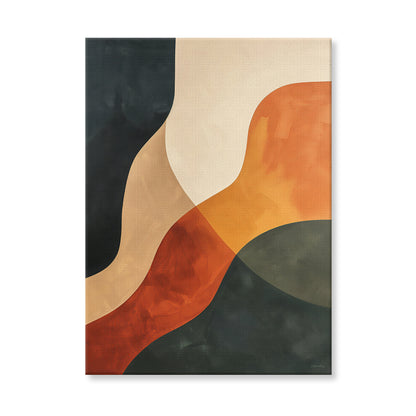 Abstract rolled canvas print with sweeping diagonal bands in burnt sienna, warm orange, olive green and slate — bold earthy wall art