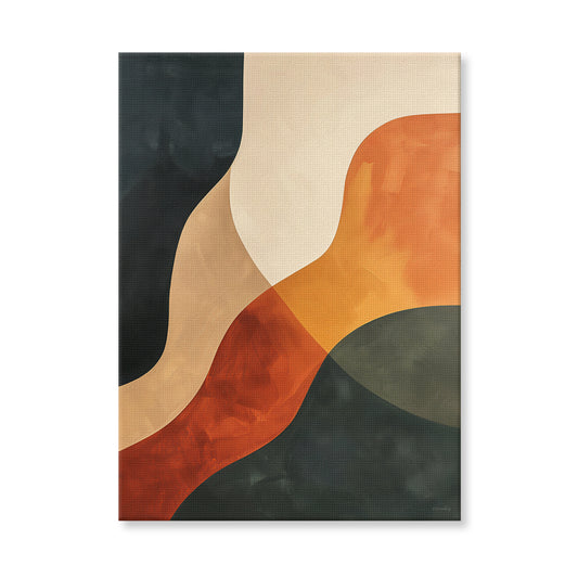 Abstract rolled canvas print with sweeping diagonal bands in burnt sienna, warm orange, olive green and slate — bold earthy wall art