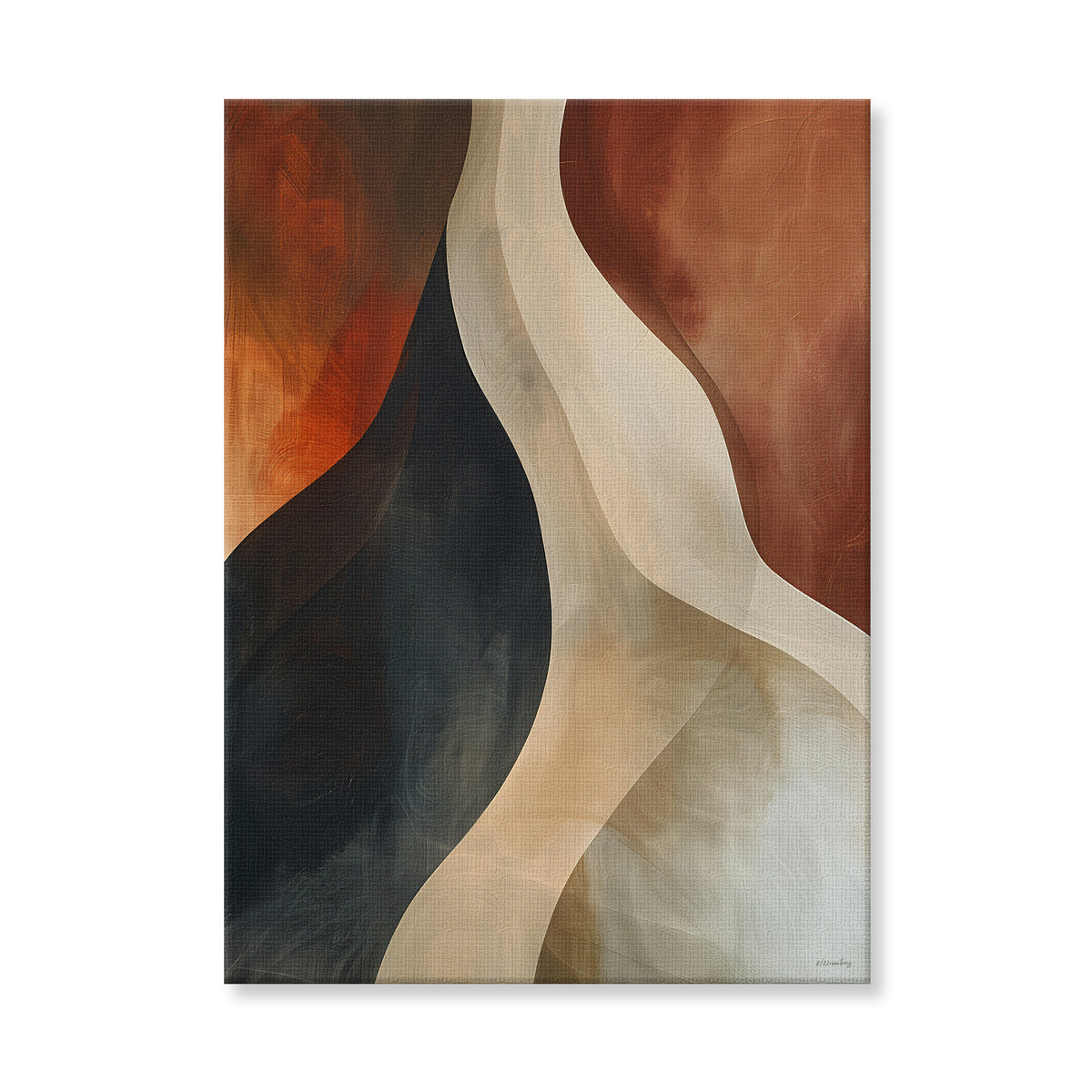 Abstract rolled canvas print with sweeping cream and sand curves against deep charcoal and rust orange — bold earthy wall art