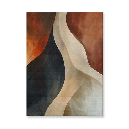 Abstract rolled canvas print with sweeping cream and sand curves against deep charcoal and rust orange — bold earthy wall art