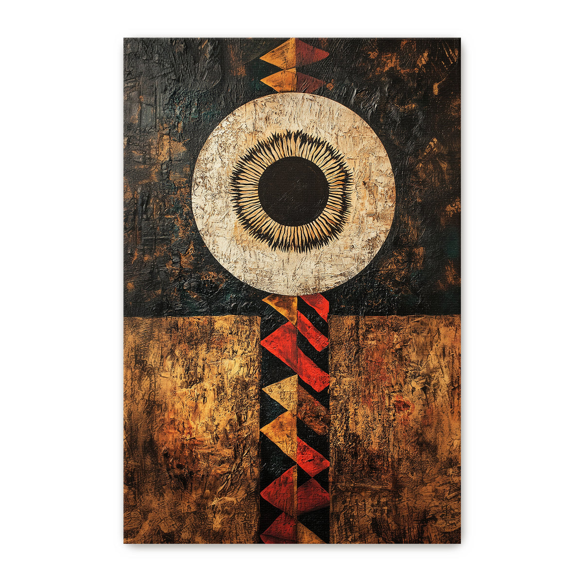 Gallery-wrapped stretched canvas with a radiant sun motif above a totemic red and amber triangle pattern on a weathered bronze and black ground, ready to hang