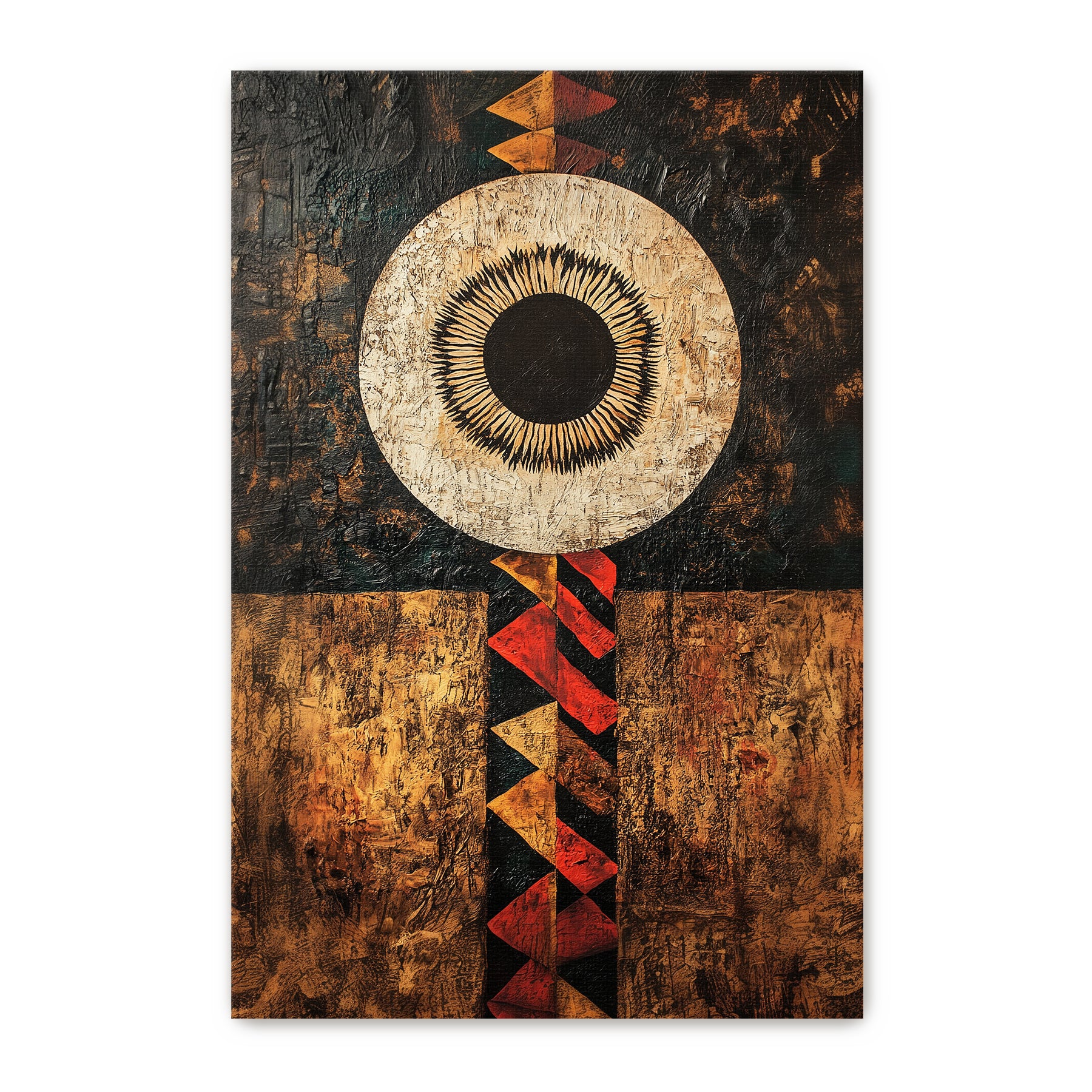 Gallery-wrapped stretched canvas with a radiant sun motif above a totemic red and amber triangle pattern on a weathered bronze and black ground, ready to hang