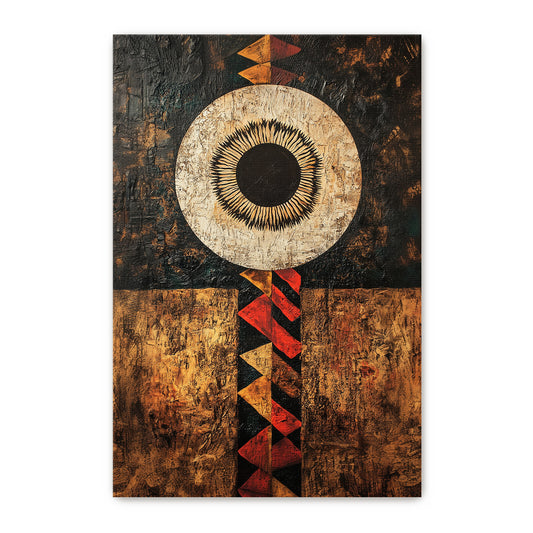 Gallery-wrapped stretched canvas with a radiant sun motif above a totemic red and amber triangle pattern on a weathered bronze and black ground, ready to hang