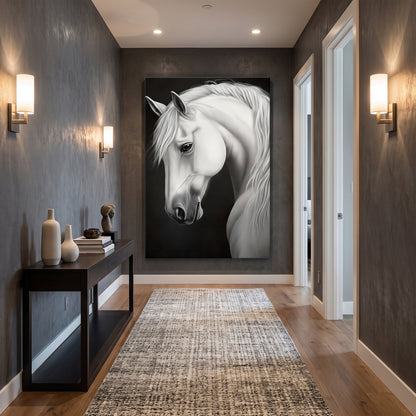 Gallery-wrapped stretched canvas of a luminous white horse portrait with flowing mane against a deep black background — dramatic black and white equine wall art ready to hang