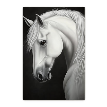 Rolled canvas print of a luminous white horse portrait with flowing mane against a deep black background — dramatic black and white equine wall art