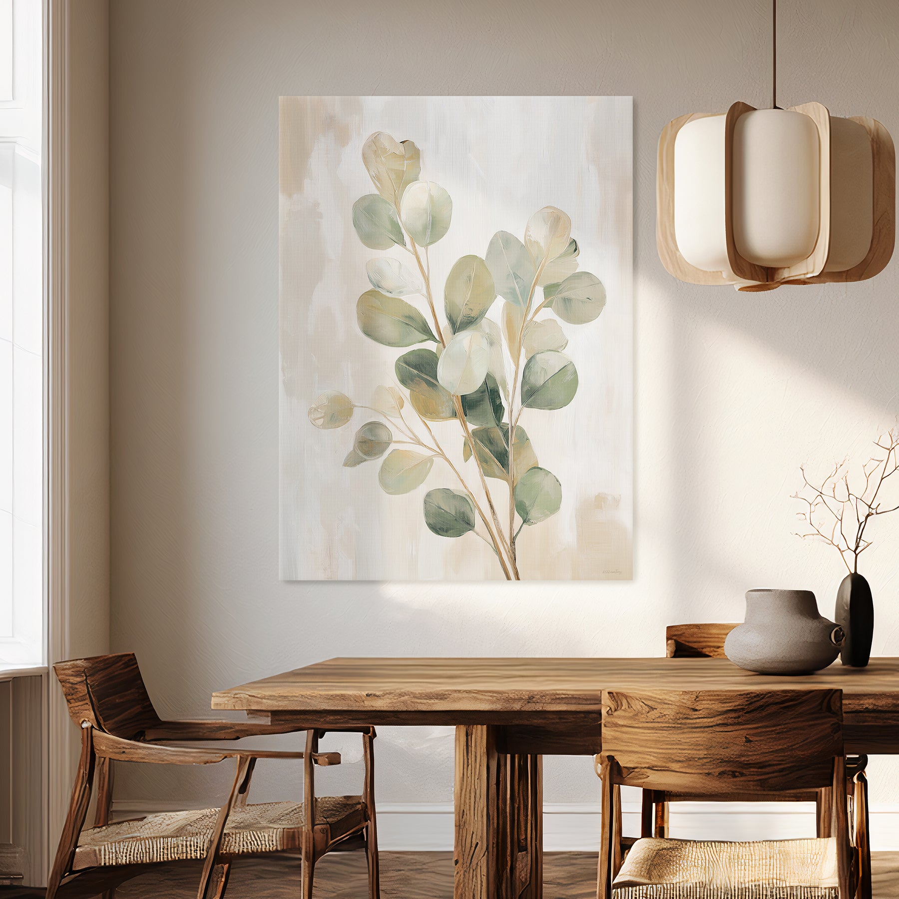 Botanical canvas wall art with eucalyptus leaves and soft neutral background