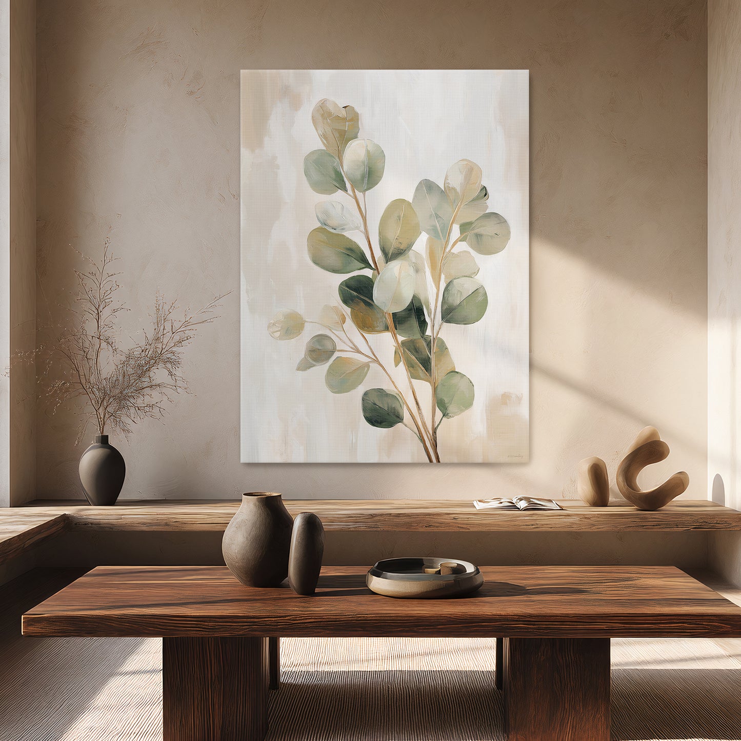 Stretched botanical canvas wall art with eucalyptus leaves in muted green and beige tones