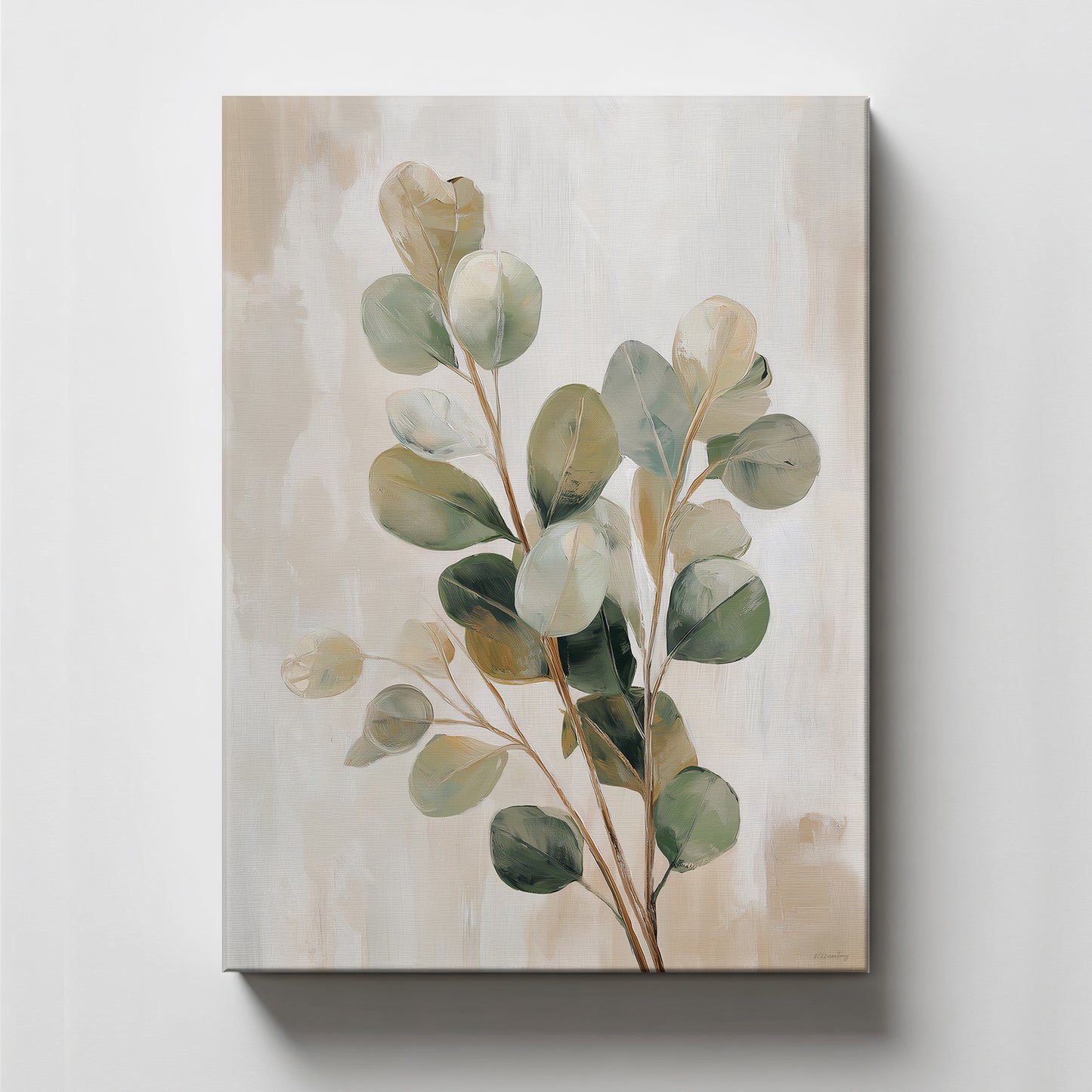 Botanical canvas wall art with eucalyptus leaves and soft neutral background