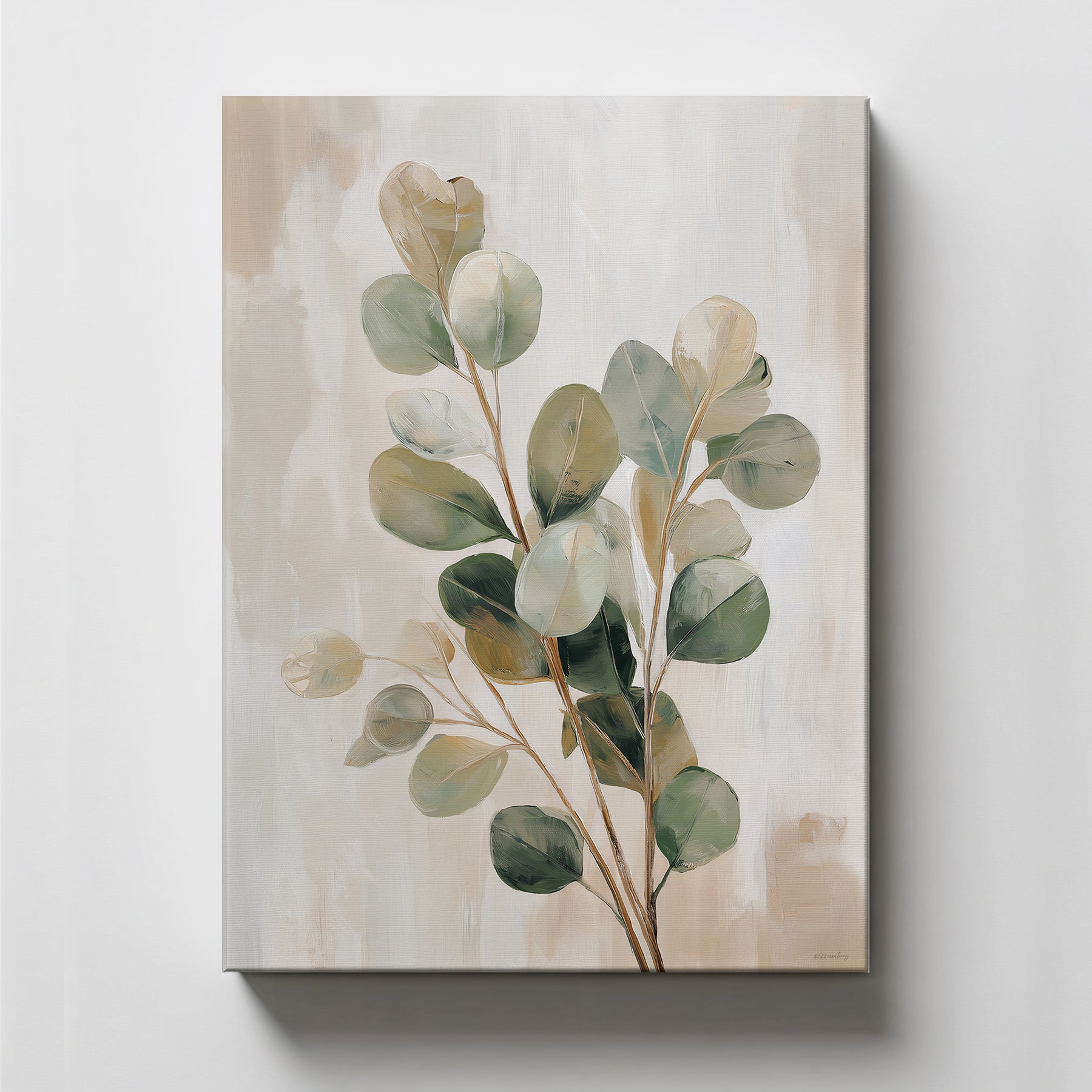 Botanical canvas wall art with eucalyptus leaves and soft neutral background