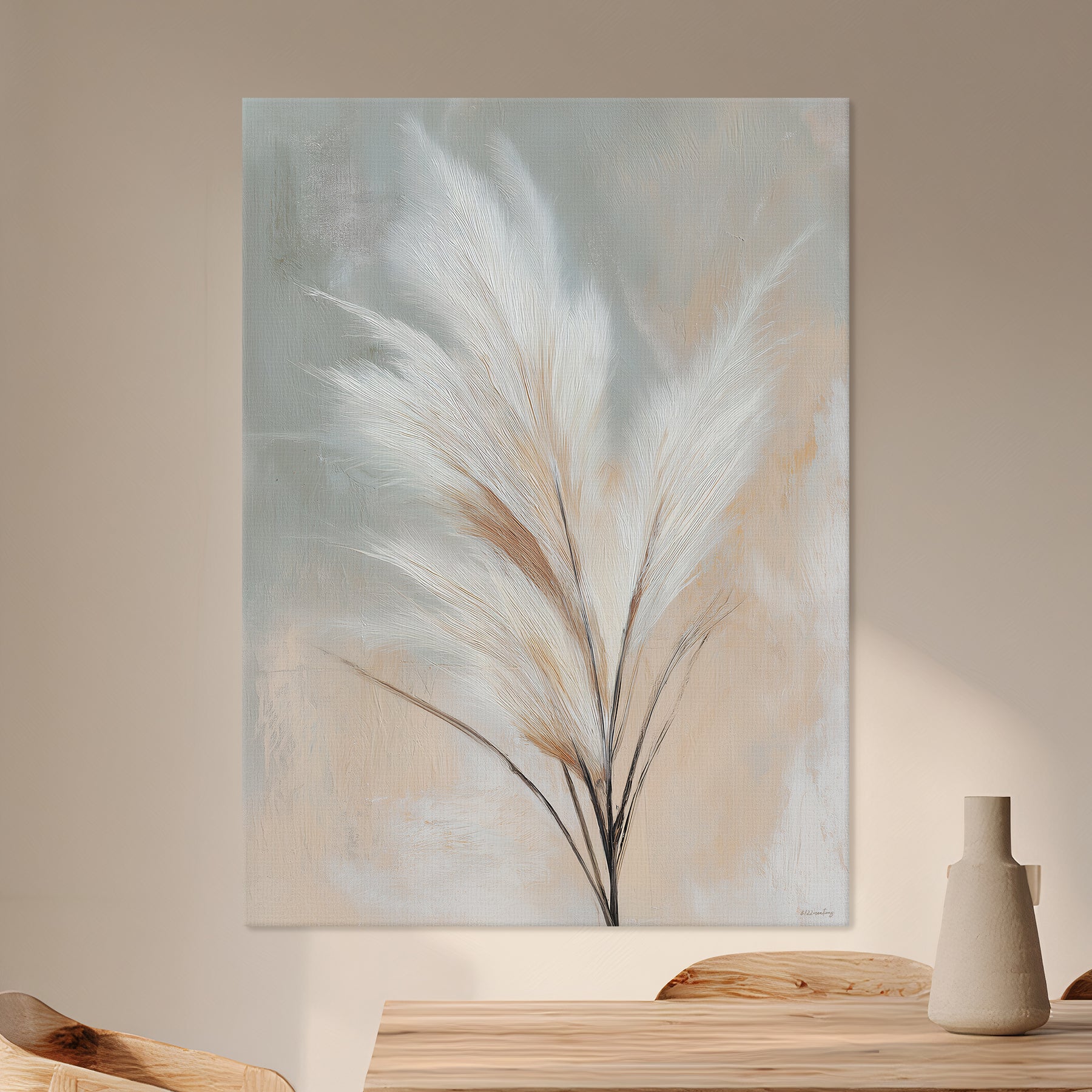 Stretched botanical canvas wall art with pampas grass in beige and ivory tones