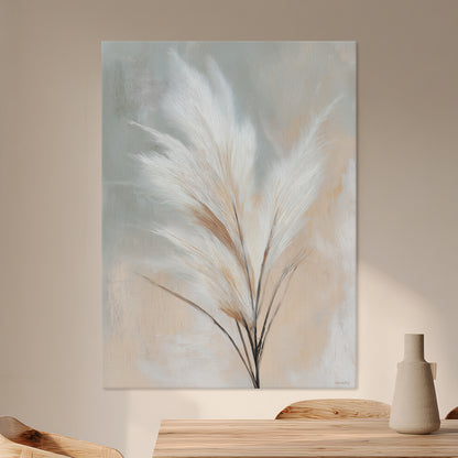 Stretched botanical canvas wall art with pampas grass in beige and ivory tones