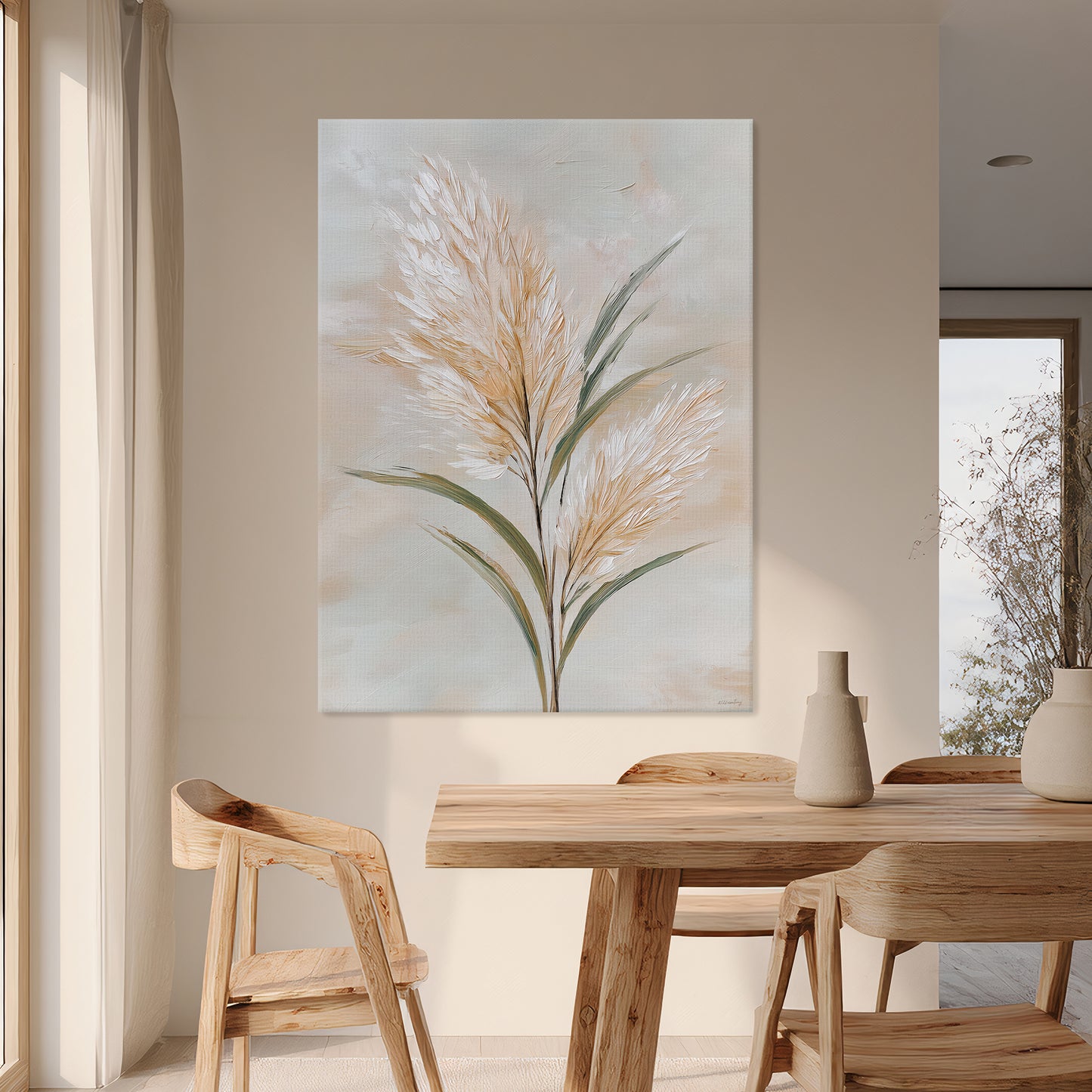 Botanical canvas wall art with pampas grass plumes and warm neutral background