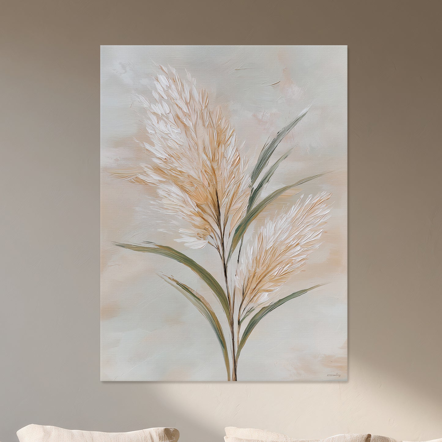 Stretched botanical canvas wall art with pampas plumes in beige, ivory, and sage tones