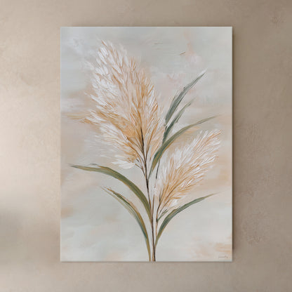 Botanical canvas wall art with pampas grass plumes and warm neutral background