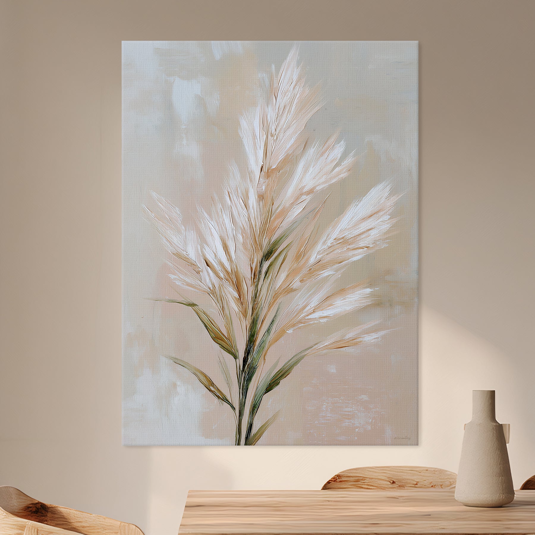Stretched botanical canvas wall art with pampas grass in beige, ivory, and soft green tones