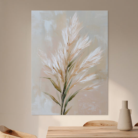 Stretched botanical canvas wall art with pampas grass in beige, ivory, and soft green tones