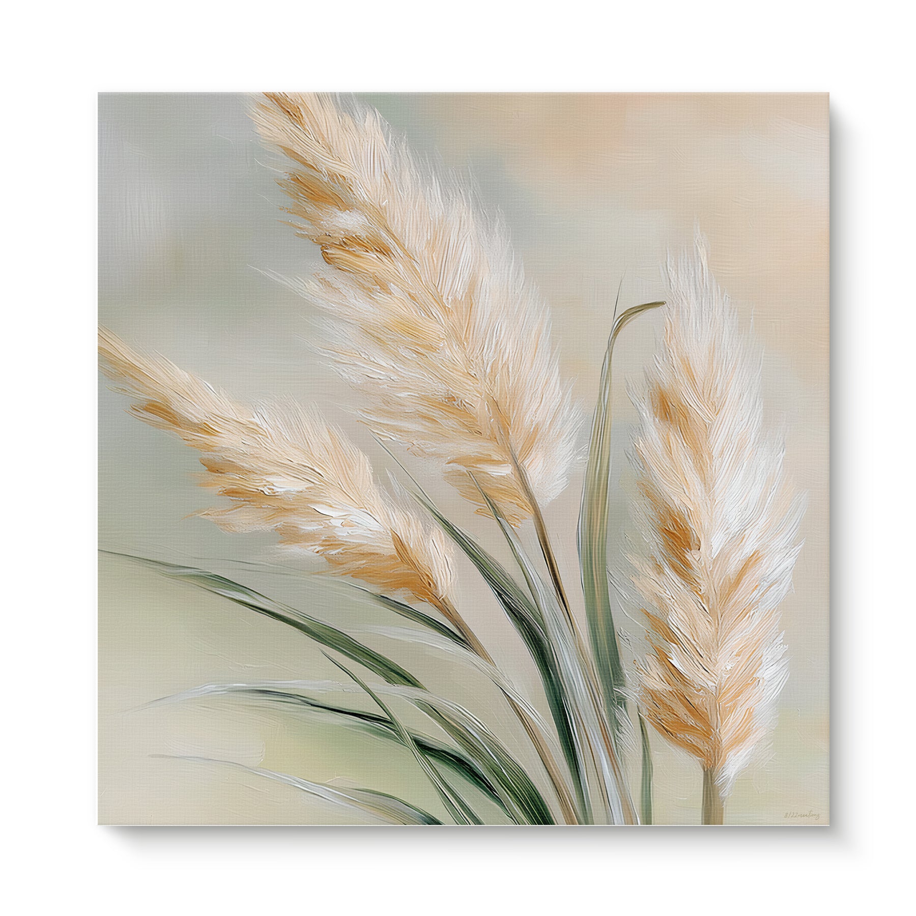 Stretched botanical canvas wall art with pampas grass in ivory, wheat, and sage tones