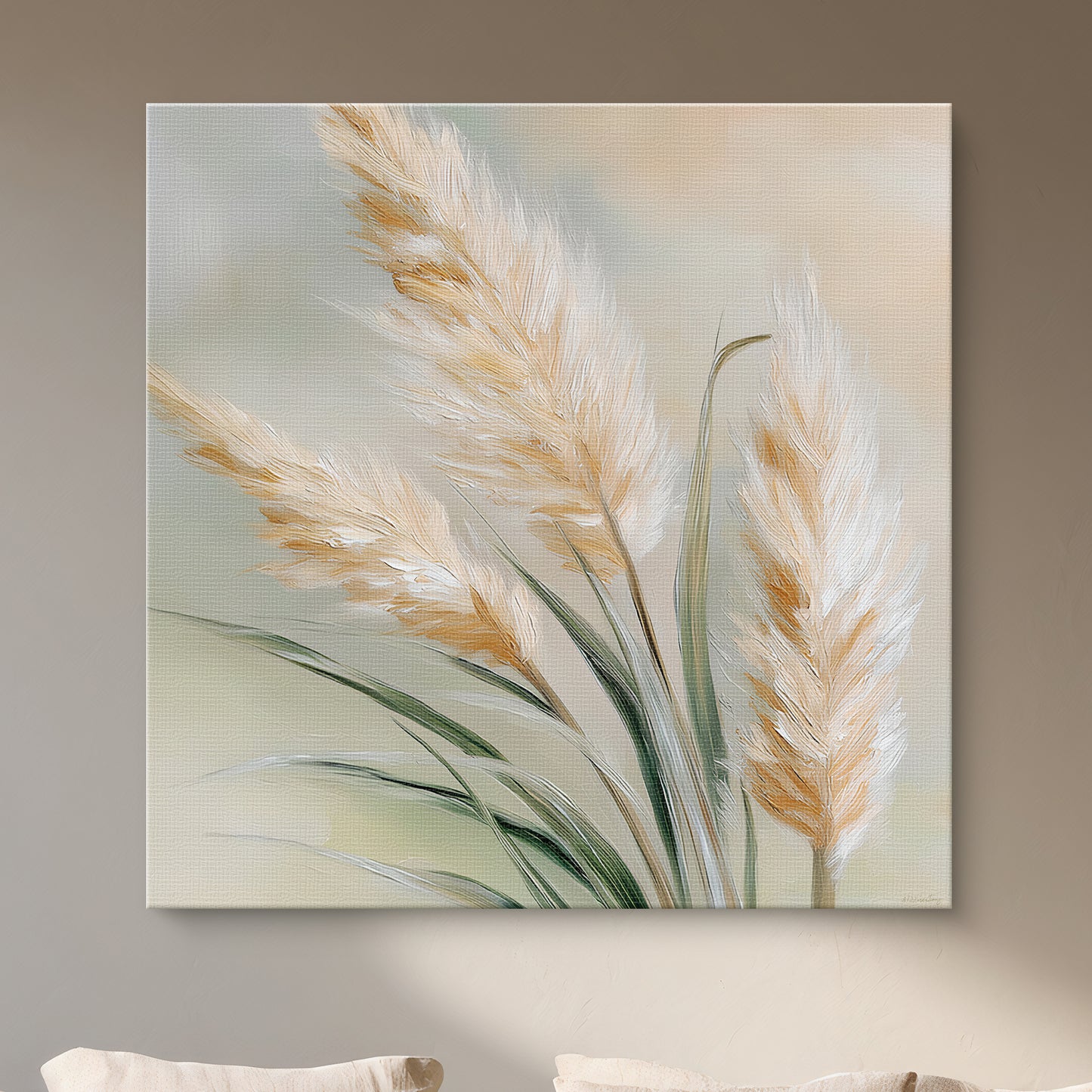 Stretched botanical canvas wall art with pampas grass in ivory, wheat, and sage tones