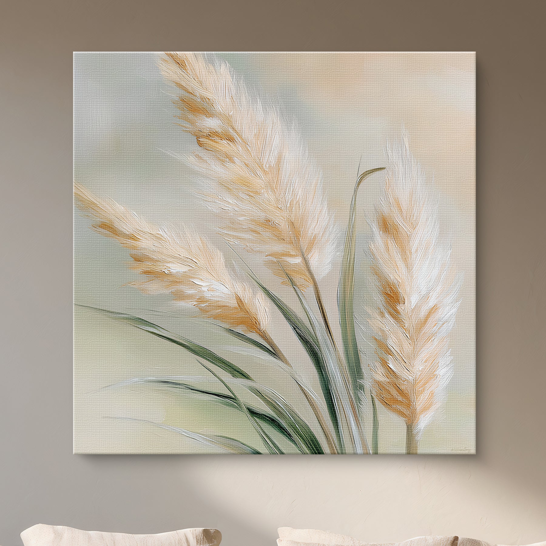 Stretched botanical canvas wall art with pampas grass in ivory, wheat, and sage tones