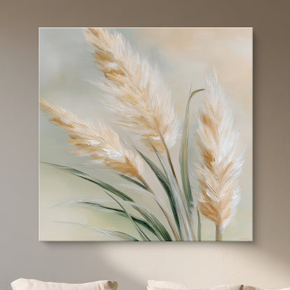 Stretched botanical canvas wall art with pampas grass in ivory, wheat, and sage tones
