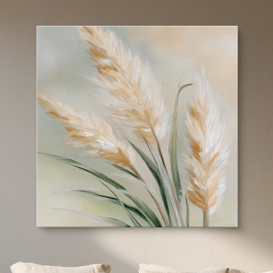 Stretched botanical canvas wall art with pampas grass in ivory, wheat, and sage tones