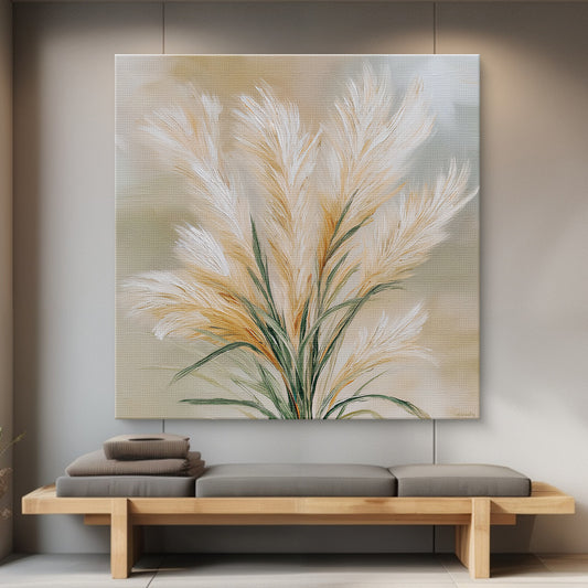 Botanical canvas wall art with pampas grass and warm neutral background