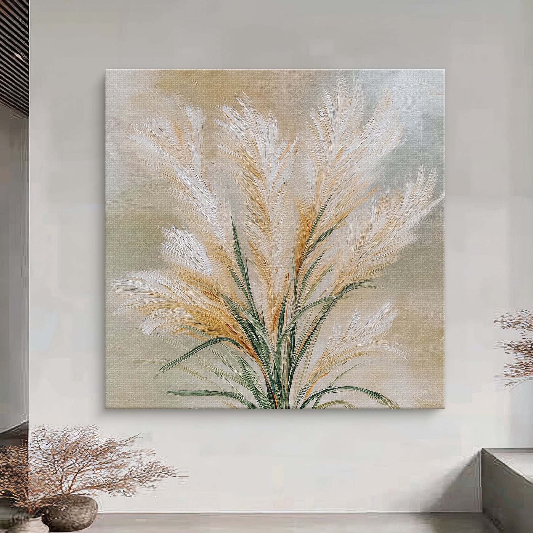 Botanical canvas wall art with pampas grass and warm neutral background