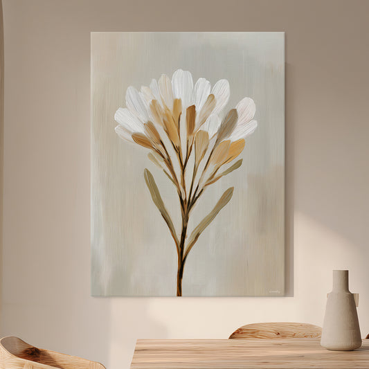 Minimalist stretched canvas floral wall art in ivory and soft gold tones