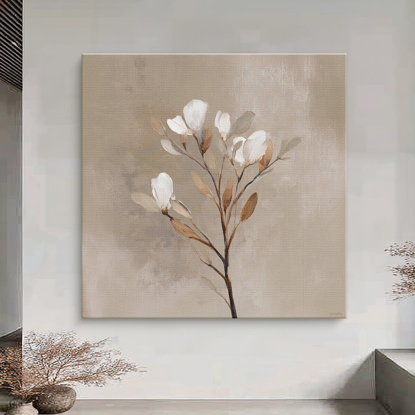 Gallery-wrapped stretched canvas featuring a single stem with white blooms and golden leaves against a soft taupe textured background, ready to hang