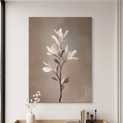 Botanical rolled canvas print featuring a tall slender stem with soft white and blush petals and sage leaves against a warm taupe background