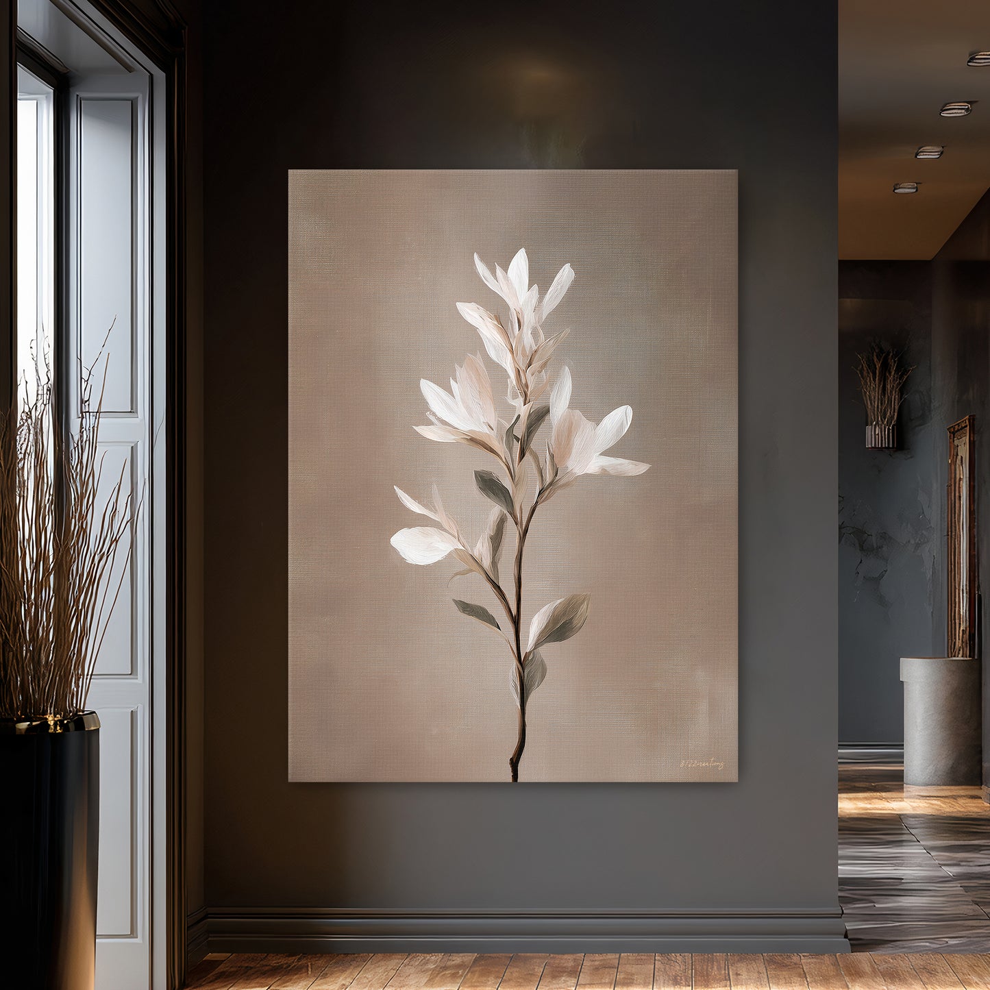 Gallery-wrapped stretched canvas featuring a tall slender stem with soft white and blush petals and sage leaves against a warm taupe background, ready to hang