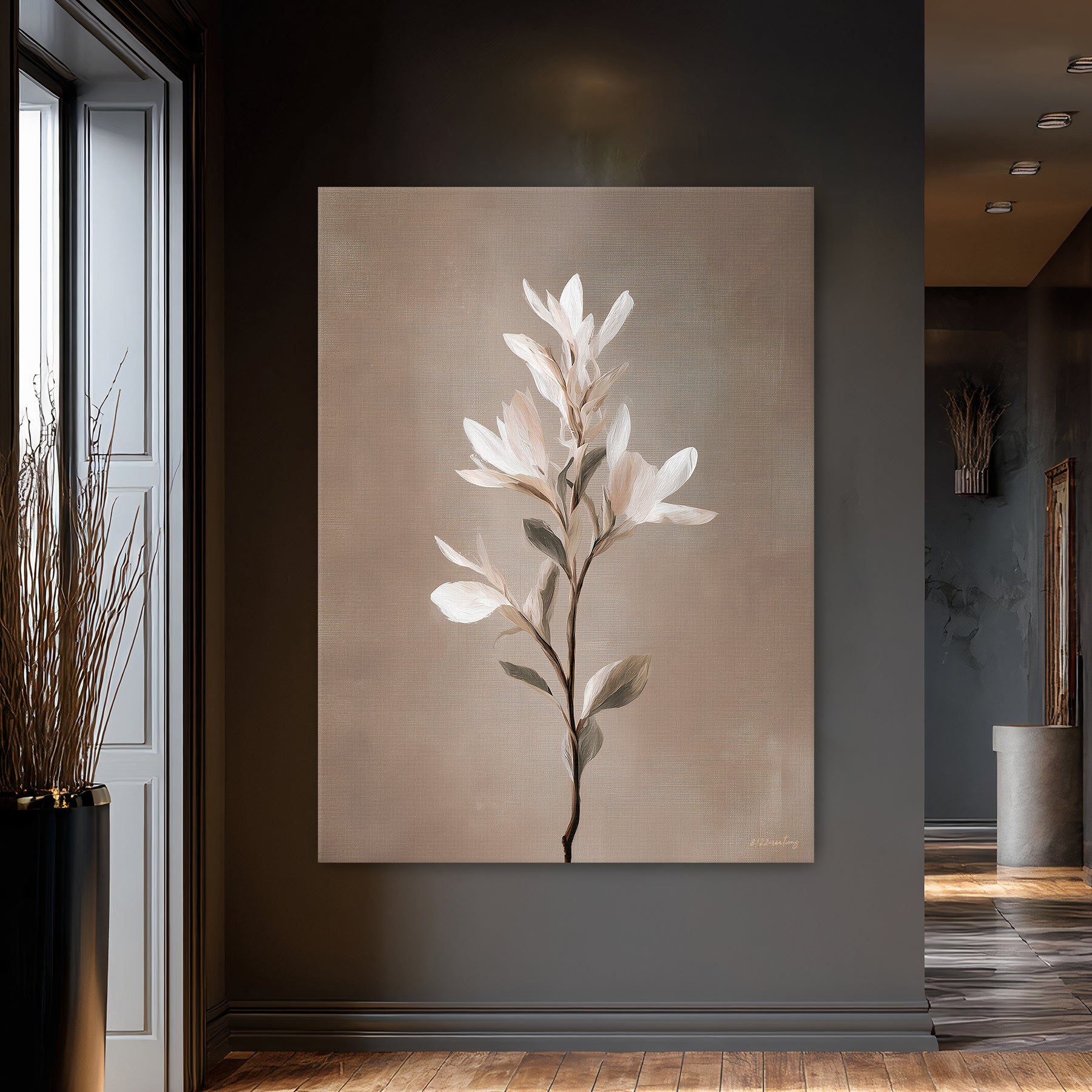 Gallery-wrapped stretched canvas featuring a tall slender stem with soft white and blush petals and sage leaves against a warm taupe background, ready to hang
